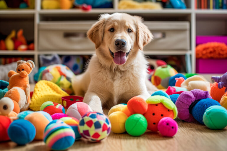 A golden retriever lying down among colourful balls and soft toys.