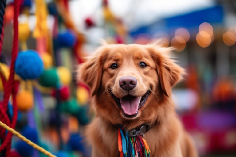 A brown retriever with a colourful carnival in background.