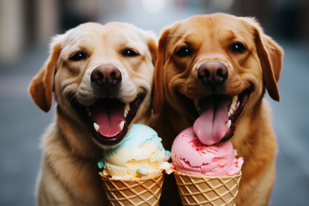 Two labradors looking happy with their tongues out and an ice cream each.