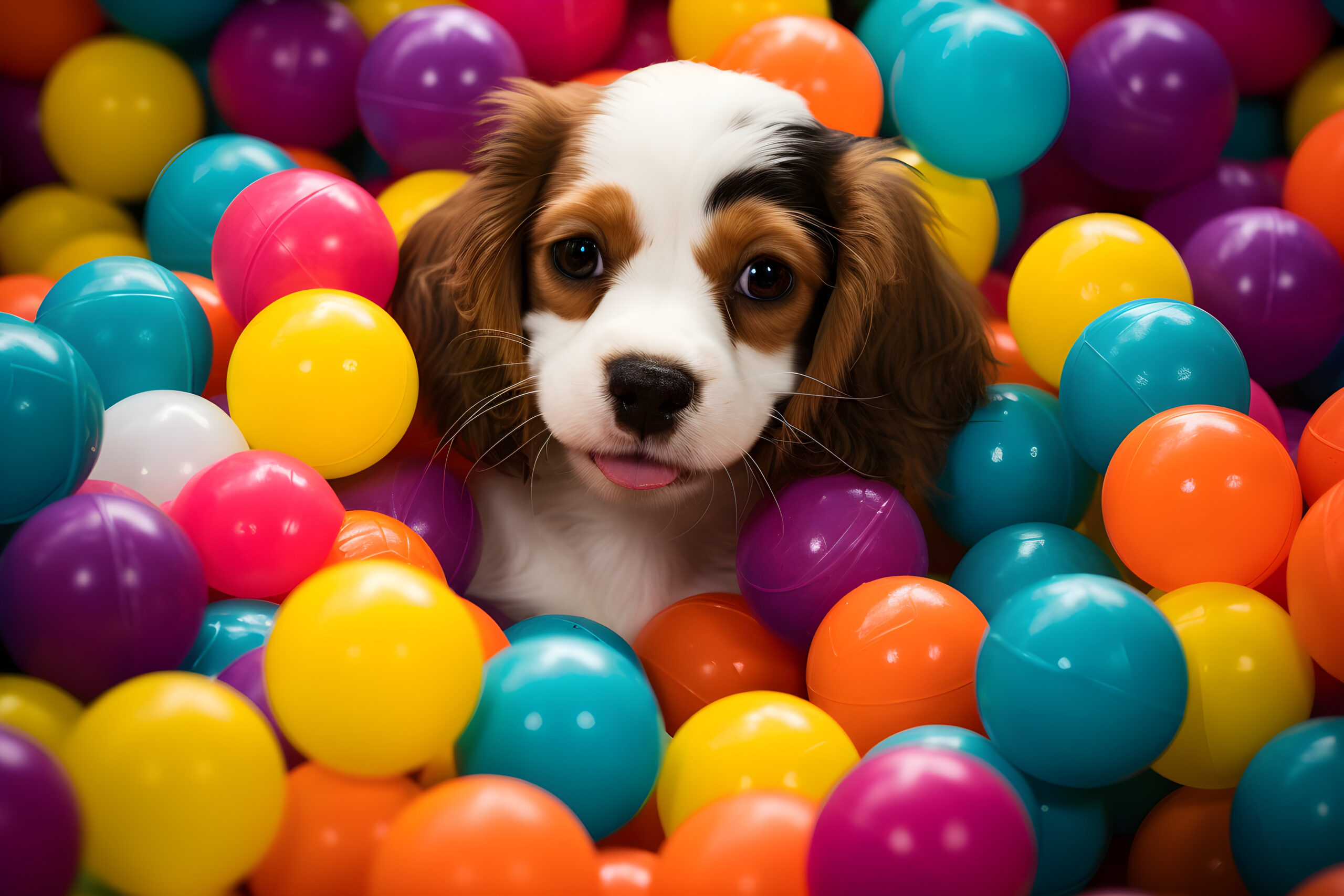 A tri-colour king charles spaniel puppy in a ball pit.