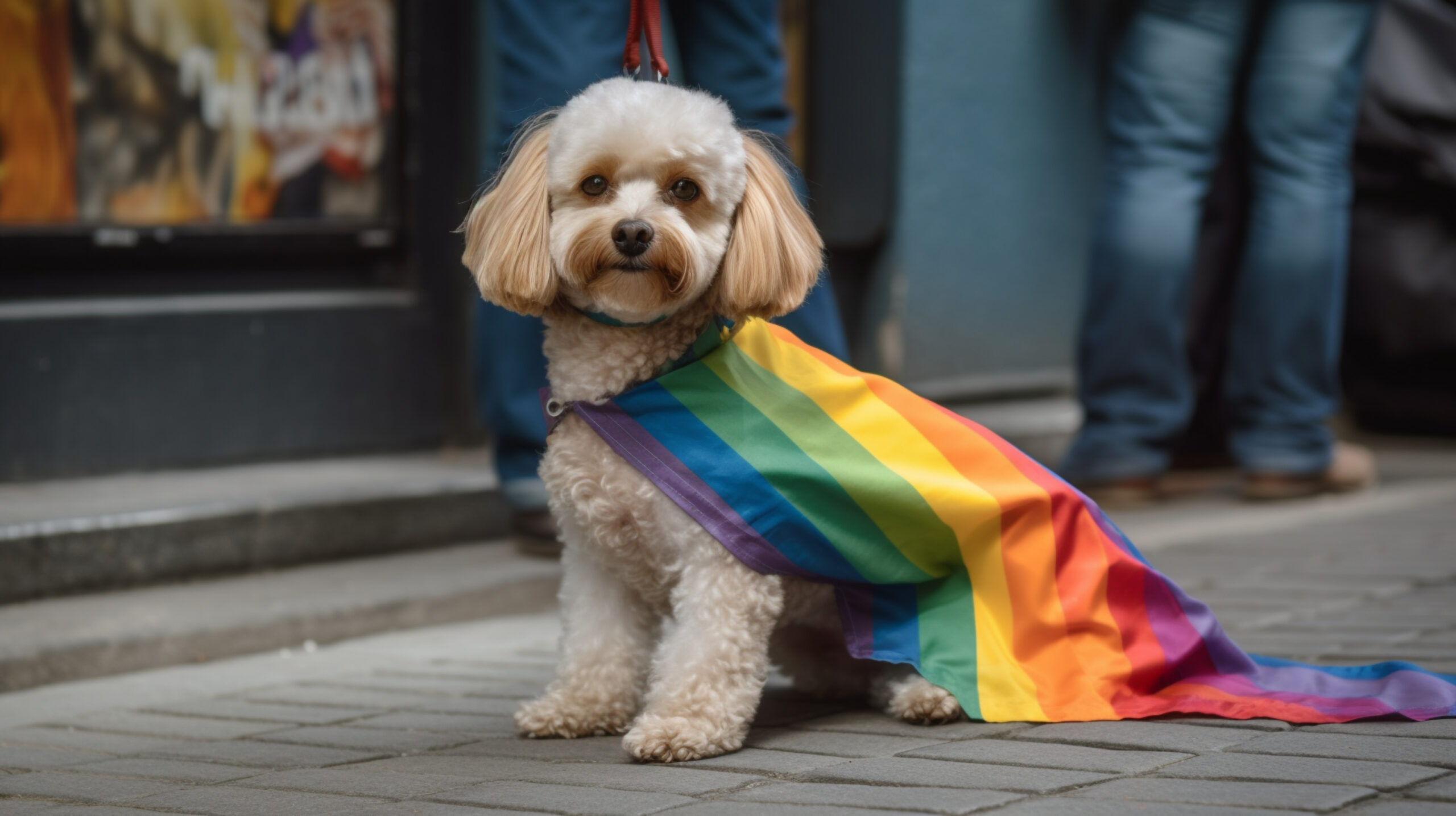A poodle mix wearing the pride flag on its back.