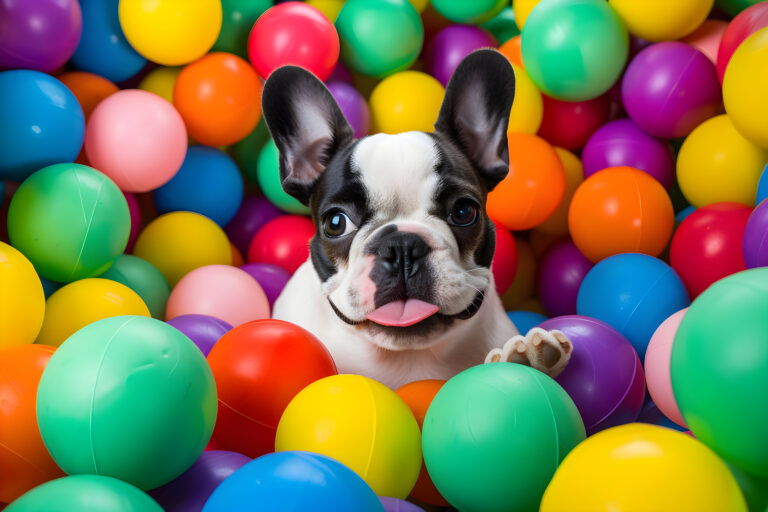 A black and white french bulldog in a ball pit.