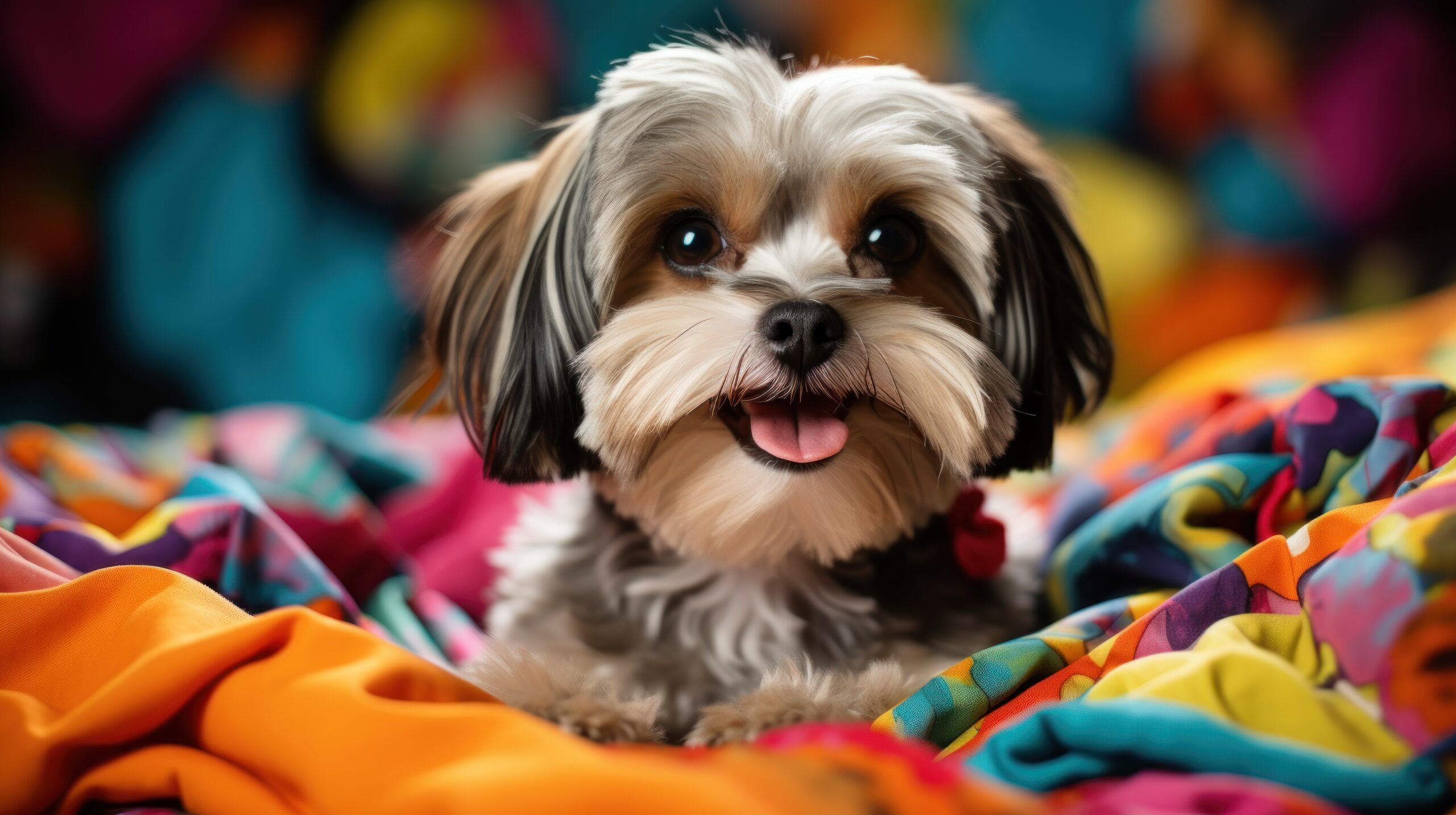 A cute shih-tsu puppy with bright eyes on a colourful blanket.