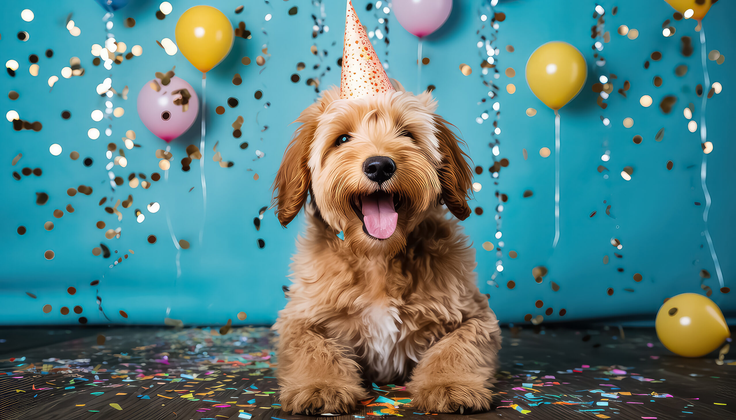 Golden doodle puppy enjoying a happy birthday with party hat, balloons and confetti.