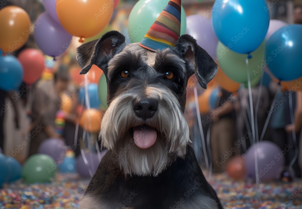 A dark-haired schnauzer with his tongue out, wearing a party hat and with balloons in the background.