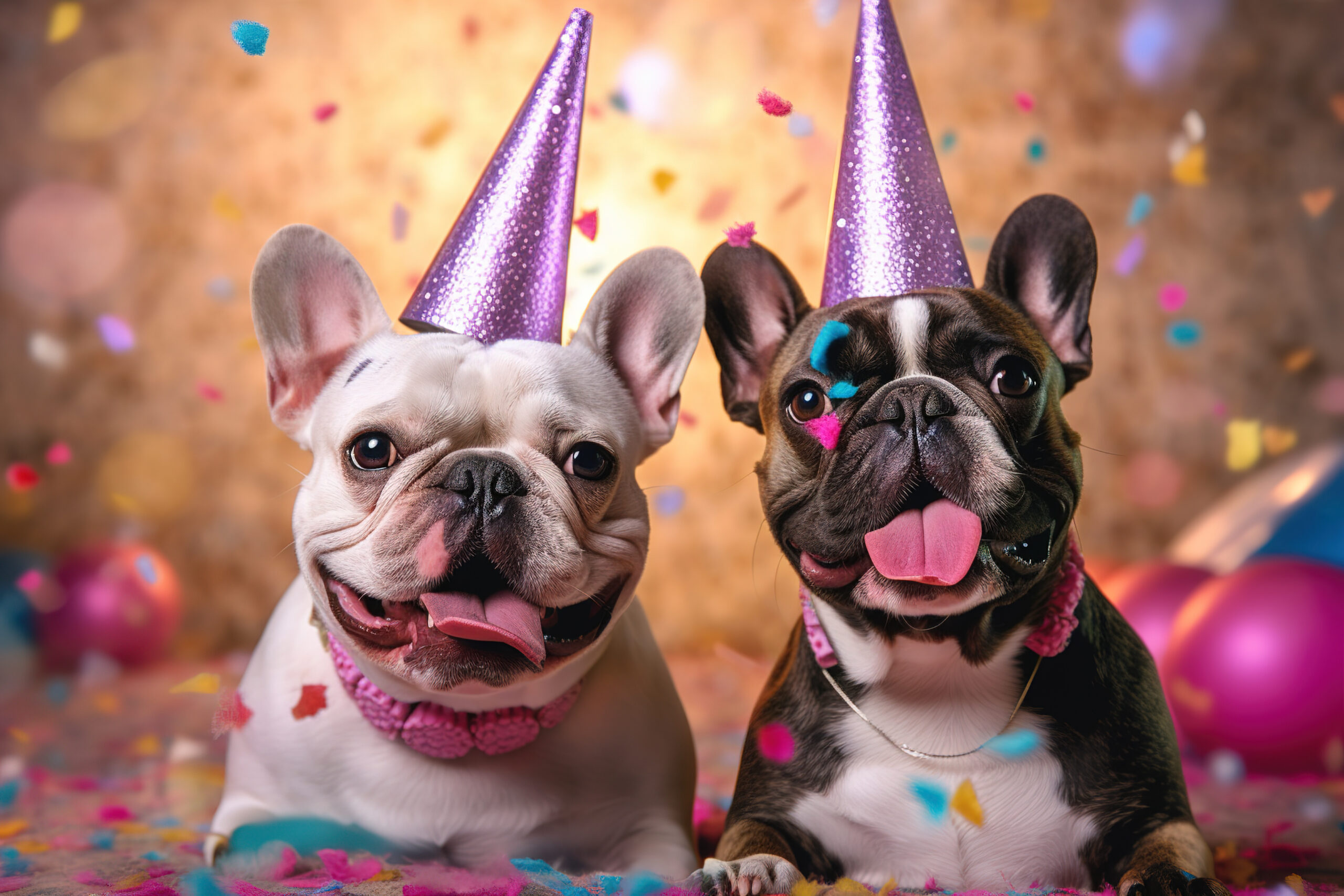 French bulldogs wearing purple party hats with confetti and glitter falling on them.